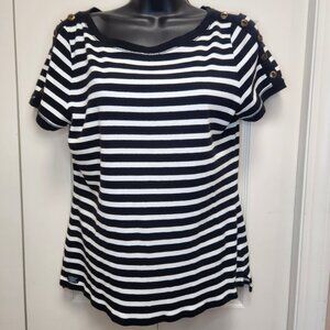 [M] Ralph Lauren Black & White Striped Tee Medium 100% Cotton Button Shoulders